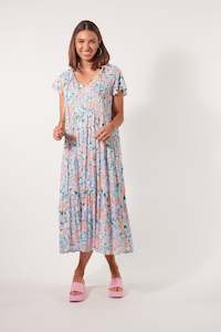 Isle Of Mine Womens Clothing: Isle Of Mine - Botanical Tiered Dress Salt Hydrangea