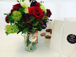 Red posy , Mason jar & chocolates