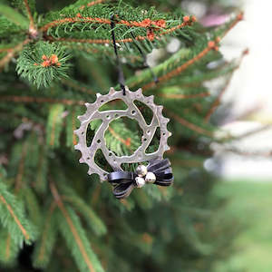 Up-Cycled Gear and Innertube bow Christmas Tree Decoration