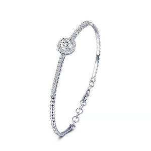 Clothing: 1 Carat Moissanite Halo Center Bangle Bracelet with Side Moissanites in Platinum Overlay Silver