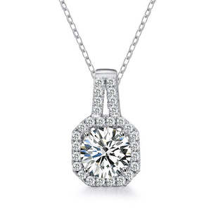 1 carat Radiant Cut Moissanite Pendant In A Paved Halo Setting with Chain in Pla…