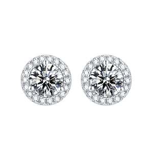 1 Carat Moissanite Stud Earrings In Halo Setting in Platinum Overlay Sterling Silver