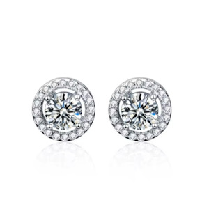 1 Carat Moissanite Stud Earrings: Gap Halo Setting, Platinum Overlay Sterling Silver