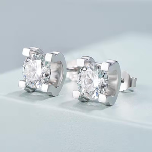 2 Carat Moissanite Stud Earrings in Four-Prong Setting, in Platinum Overlay Sterling Silver