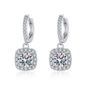 Clothing: 1 Carat Hoop Huggie Earrings with Square Halo Drop, in Platinum Overlay Sterling Silver