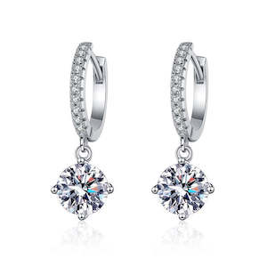 1 Carat Hoop Huggie Earrings with Solitaire Drop, in Platinum Overlay Sterling Silver