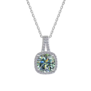 1 Carat Radiant Cut Green Moissanite Pendant In A Paved Halo Setting with Chain …