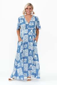 Ora Blue Floral Flutter Sleeve Dress