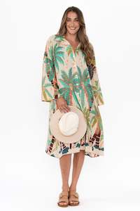 Stav Green Tropical Cotton Button Kaftan