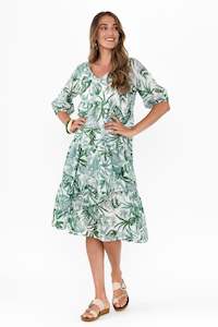 Cecca Green Floral Cotton Tier Dress