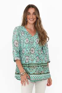 Fia Aqua Floral Sleeved Crinkle Cotton Top