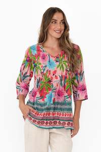 Fia Pink Palm Sleeved Crinkle Cotton Top