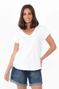 Maggie White Cotton Vee Tee