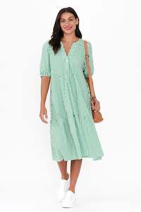 Zariah Green Stripe Cotton Tier Dress