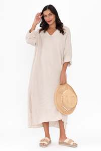 Yvonne Natural Linen V Neck Dress