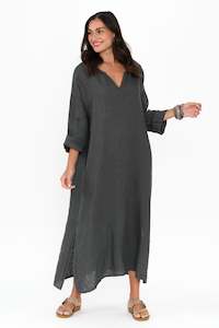 Yvonne Charcoal Linen V Neck Dress