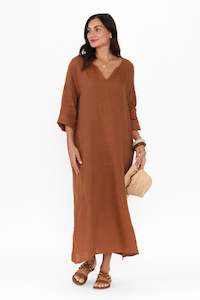 Yvonne Rust Linen V Neck Dress