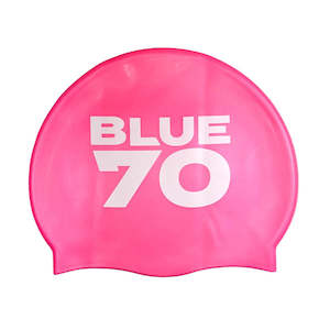 Sporting equipment: SILICONE SWIM CAP PINK LOGO BLUE70