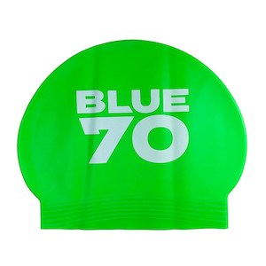 Sporting equipment: SILICONE SWIM CAP GREEN LOGO BLUE70