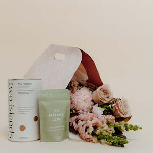 Flower: Mixed Bouquet Carrier + Two Islands Protein Powder + The Matcha Club