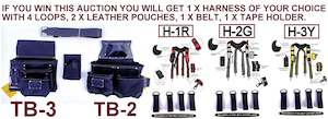 TOOL BELT WITH 2 X HEAVY DUTY LEATHER BLACK POUCHES & PADDED SUSPENDERS/HARNESS.