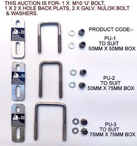 ' U ' BOLTS- 'M10 X FULLY GALVANIZED WITH 2 -HOLE BACKPLATE TO CLAMP.