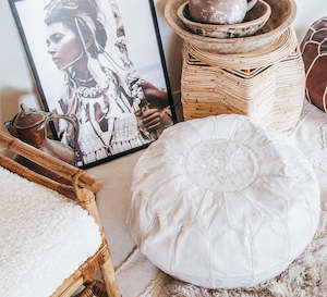 Moroccan Leather Pouf - White