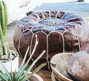 Furniture: Moroccan Leather Pouf - Natural Dark Brown