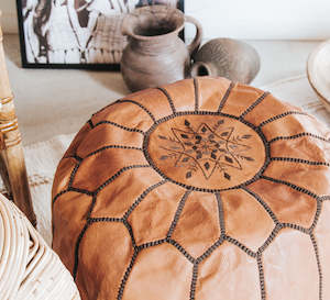 Moroccan Leather Pouf - Tan NEW