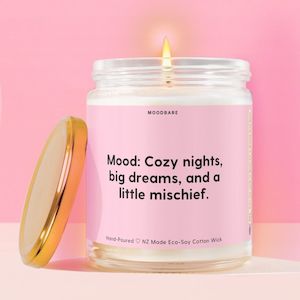 Toiletry preparation: Mood: Cozy nights, big dreams, and a little mischief.