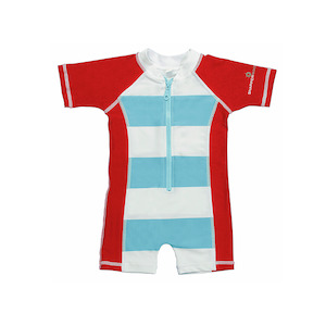 Snapper Rock Kids Swimwear: Sunsuit | Aqua & Red Stripe