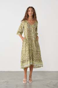 Womenswear: Caju A-Line Dress with V Neck - Olive Green CZ802