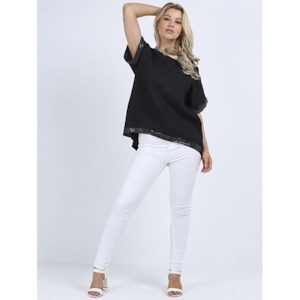 Womenswear: Italian Linen High/Low Seq Top Black