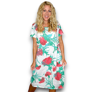 Thistle In Red Jungle Dress White