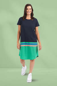 Elm Rhea Tee Dress Navy and Green Colour Block