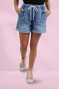 Clothing: Elm Emma Relaxed Denim Shorts Mid Blue Wash