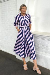 Clothing: Leoni Bianca Dress Navy Pink Stripe