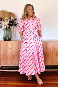 Clothing: Leoni Bianca Dress Pink Red Stripe