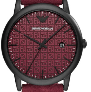 Jewellery: Emporio Armani -  Three-Hand Burgundy WITH BLACK LEATHER STRAP