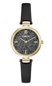 Jewellery: Furla - Glitter Pin Gold Black Leather Watch