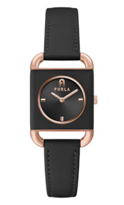 Jewellery: Furla - Arco Rose Gold Black Leather Watch