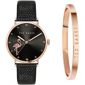 Jewellery: Ted Baker - Phylipa Flamingo Watch Set Black & Rose Gold