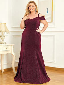 Womenswear: 11247 Burgundy. Fit and flare with off shoulder detail. Size 22