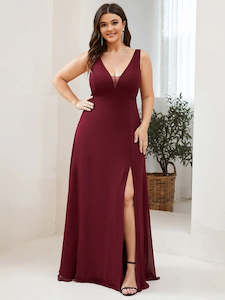 11245 Burgundy. Chiffon. Maxi length. V neck and split. Size 20