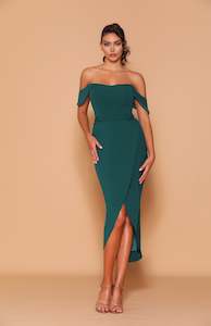 11243 Emerald, off the shoulder, midi length. Tulip skirt. Size 18