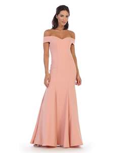 Womenswear: 11010 Dusty Rose. Off shoulder, luxury crepe, fit and flare.