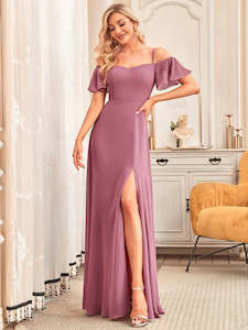 BM2050M Mauve. Chiffon. Maxi length. Off shoulder and split. Size 14