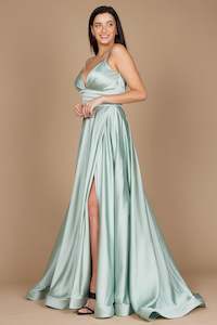 Womenswear: 11161 Sage A-line  satin gown. Split and deep sweetheart. Size 4.