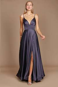 Womenswear: 11161C Charcoal. A-line  satin gown. Split and deep sweetheart. Size 6