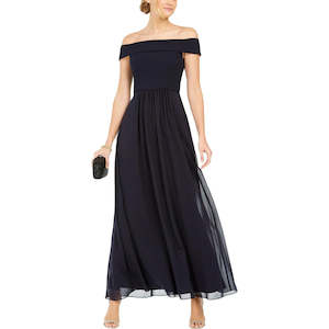 11317  Navy crepe off shoulder bodice. A line chiffon skirt. Size 20.